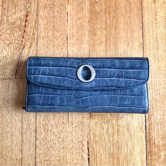Oroton Bags Oroton Croc Embossed Blue Grey Leather Trifold Wallet